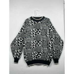 Oakton Limited Sweater Mens XL Geometric Abstract Knit Black White Vintage